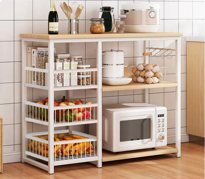 Kitchen Organizer Rack, Microwave Stand Metal Kitchen Storage Baker's Rack with Wood Table Kitchen Island Baker's Rack