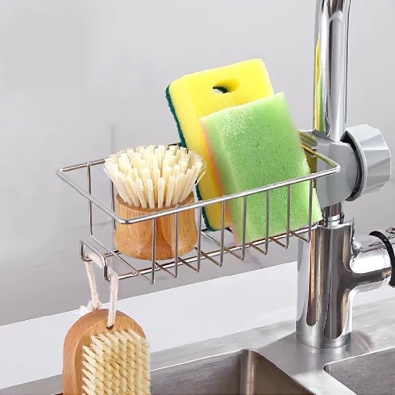 Kitchen Stainless Steel Sink Drain Rack Sponge Holder, Stainless Steel Faucet Storage Rack, Adhesive Sink Caddy Organizer for Brush, Towel. Shower Soap Dish for Bathroom, Kitchen Hanging Storage Accessories