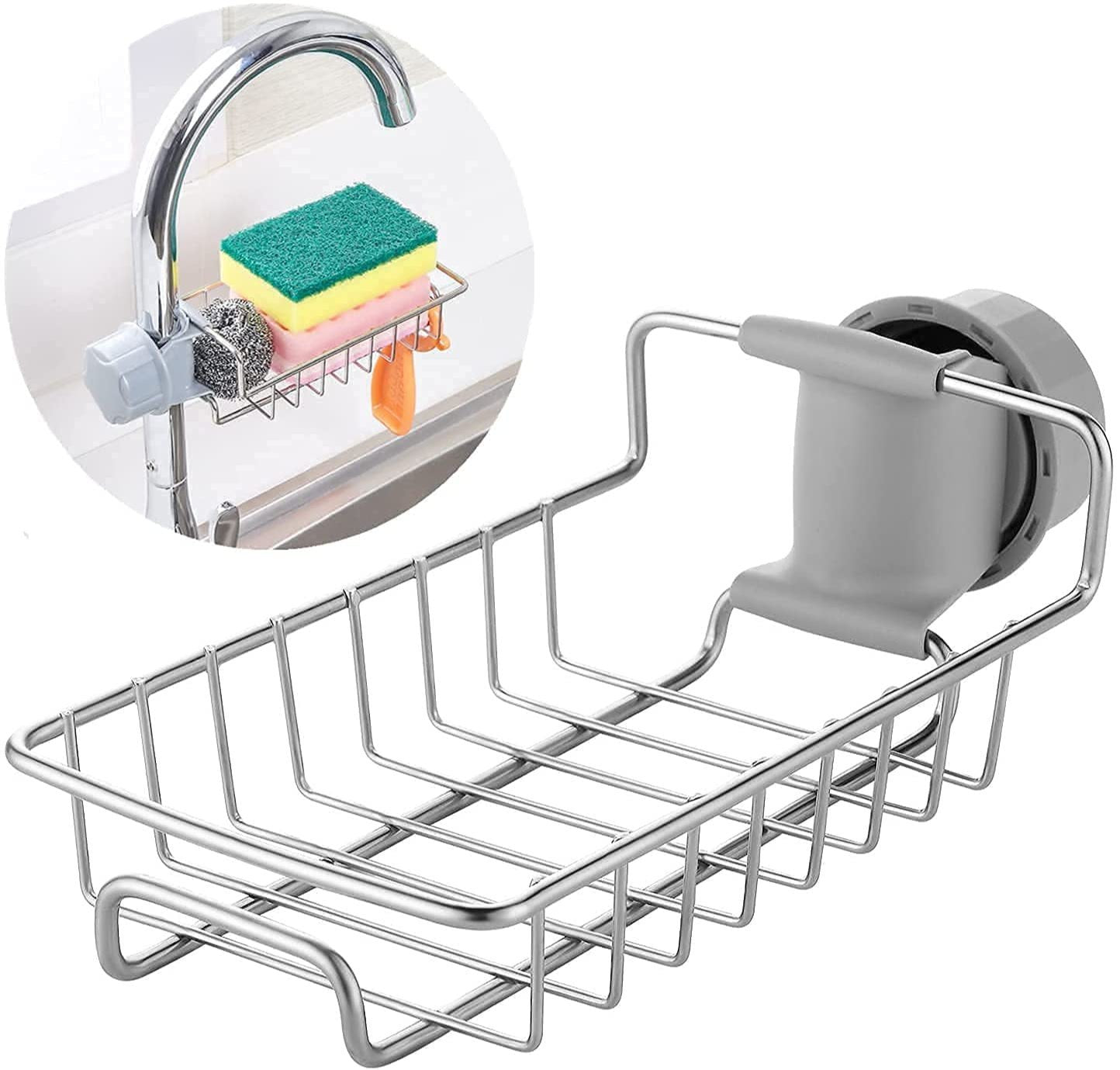 Kitchen Stainless Steel Sink Drain Rack Sponge Holder, Stainless Steel Faucet Storage Rack, Adhesive Sink Caddy Organizer for Brush, Towel. Shower Soap Dish for Bathroom, Kitchen Hanging Storage Accessories