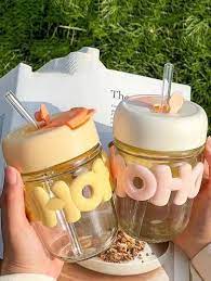 Kelvee Reusable Glass Coffee Mugs With Lid & Straw Pack Of 1,Drinking Glasses Tumbler With Pearl Chain Belt & Sleeve Double Drink Straw Sipper For Juice Smoothies Cocktail Home