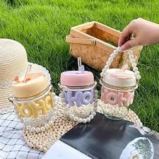 Kelvee Reusable Glass Coffee Mugs With Lid & Straw Pack Of 1,Drinking Glasses Tumbler With Pearl Chain Belt & Sleeve Double Drink Straw Sipper For Juice Smoothies Cocktail Home