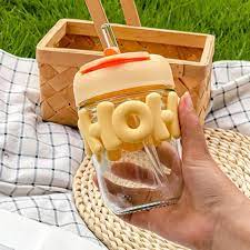 Kelvee Reusable Glass Coffee Mugs With Lid & Straw Pack Of 1,Drinking Glasses Tumbler With Pearl Chain Belt & Sleeve Double Drink Straw Sipper For Juice Smoothies Cocktail Home